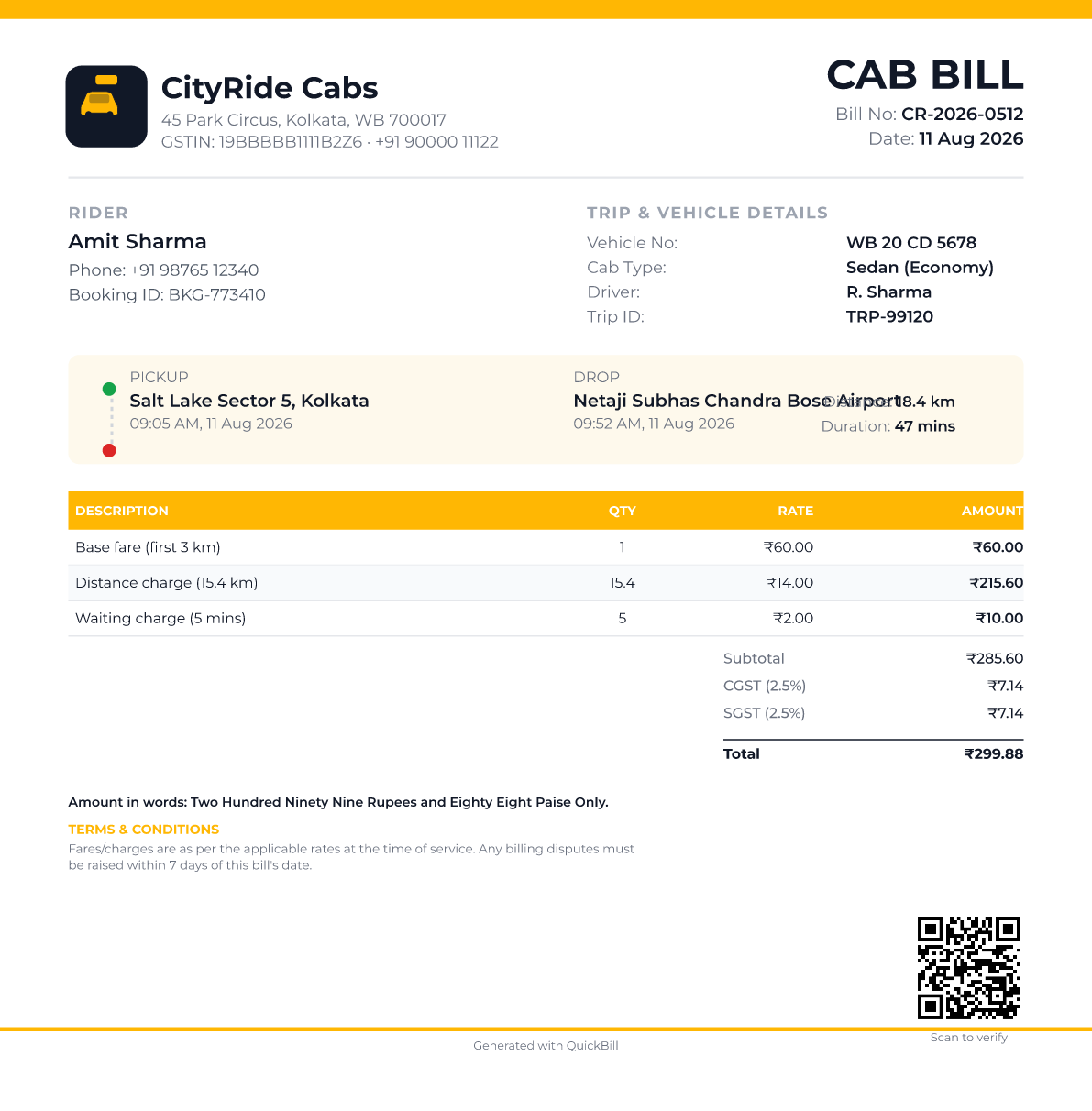 Example Cab Bill in Modern style