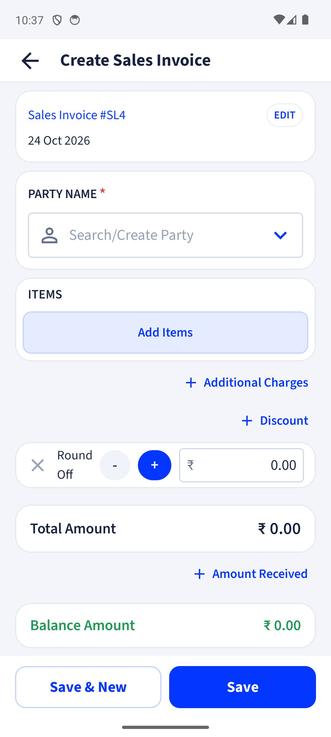 billinginfo invoice creation screen
